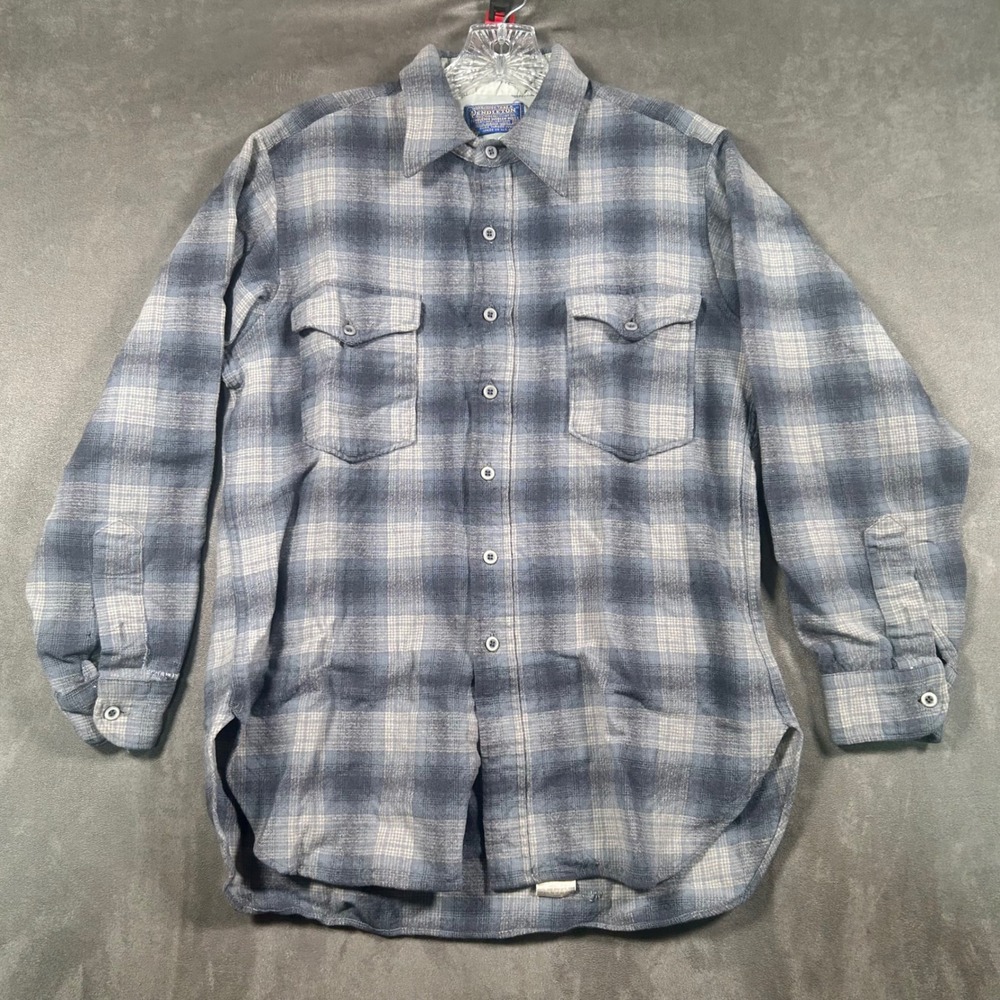 Vintage Pendleton Blue Shadow Plaid Wool Board Shirt Mens Large 16.5 USA Made